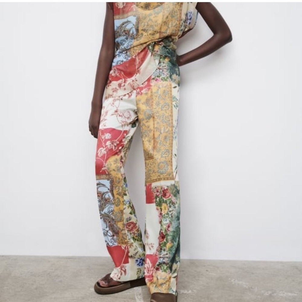 ZARA Satin Patchwork Print Wide Leg Front Pocket Trousers size M